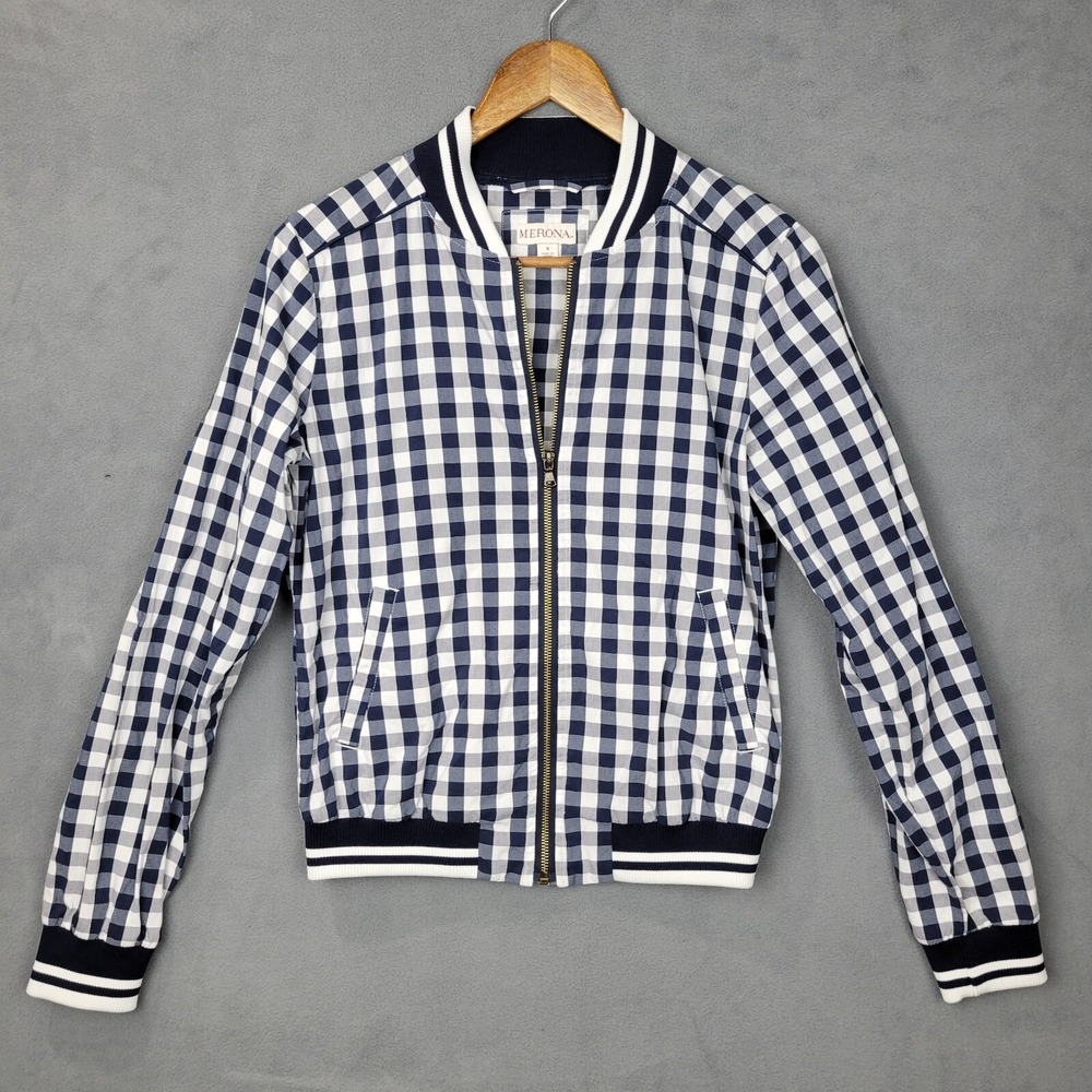 Merona Bomber Jacket Women's Small Multicolor Check Cotton Long Sleeve Full‎ Zip